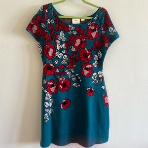 Anthropologie Maeve Allison Sweater Dress Large Petit Red Green Teal Floral Knit
